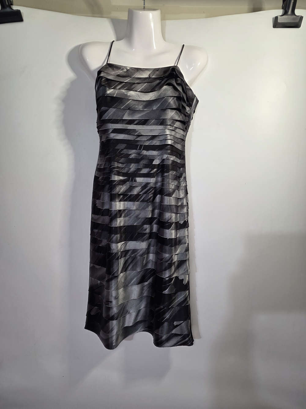 JS Collections Black Satin Strappy Midi Dress with Subtle Gray Sheen Size 4.